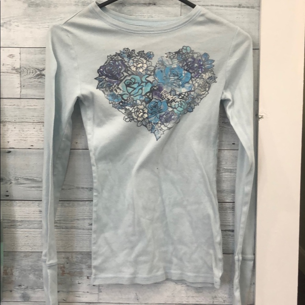 Light Blue Long Sleeved Shirt with Heart Graphic